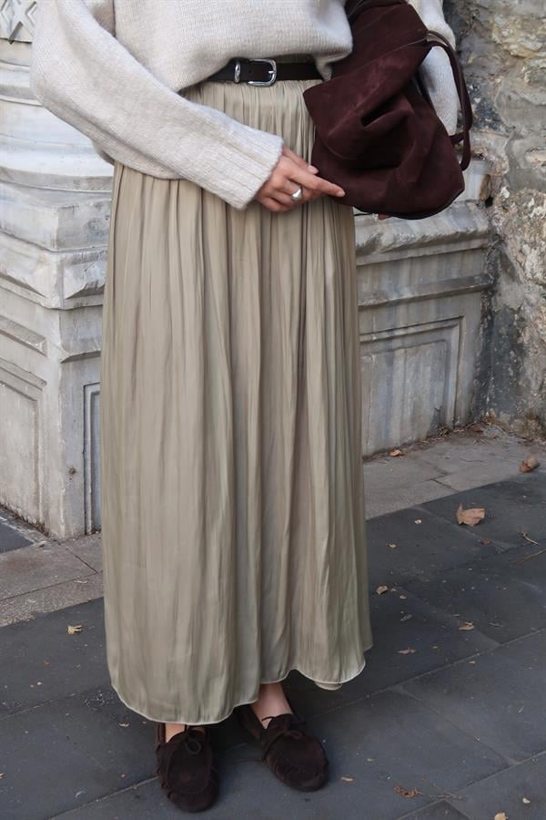 Olesya Saten Etek Olive