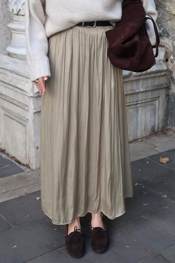 Olesya Saten Etek Olive