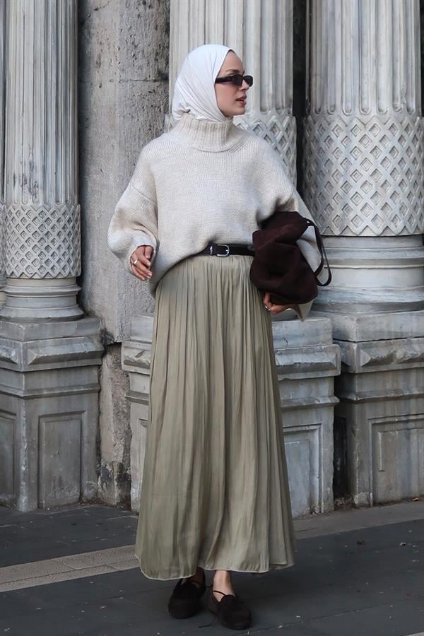 Olesya Saten Etek Olive