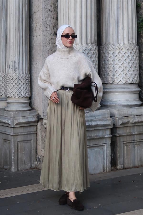 Olesya Saten Etek Olive