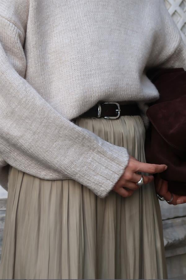 Olesya Saten Etek Olive