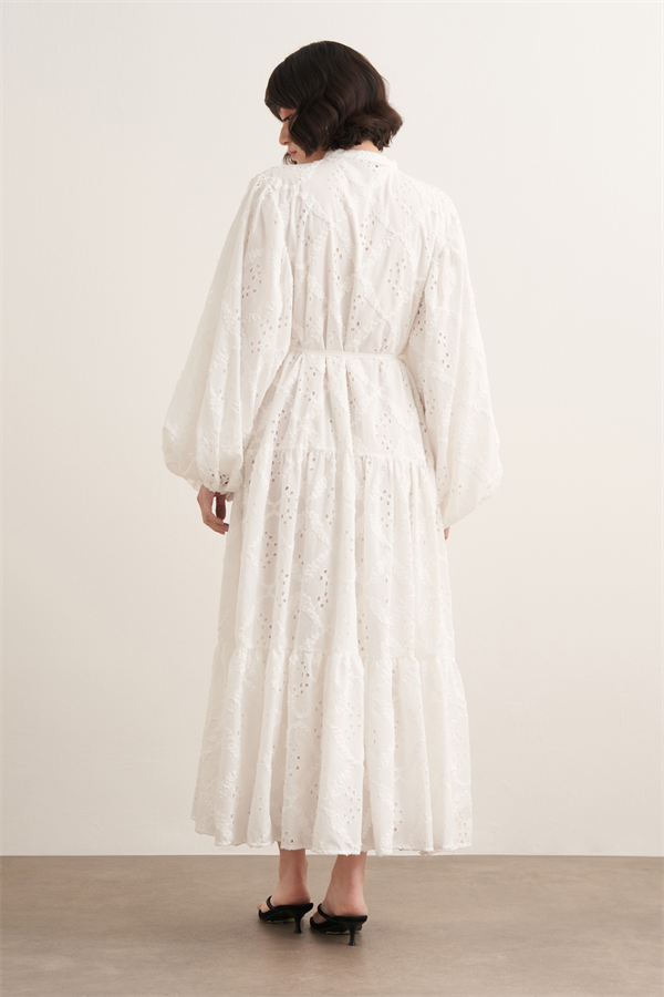 Ophelia Balon Kol Brode Elbise Beyaz