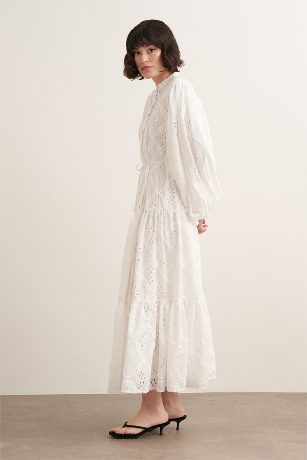 Ophelia Balon Kol Brode Elbise Beyaz