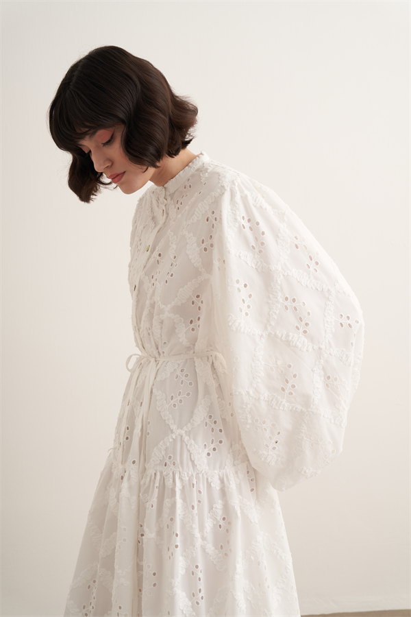 Ophelia Balon Kol Brode Elbise Beyaz