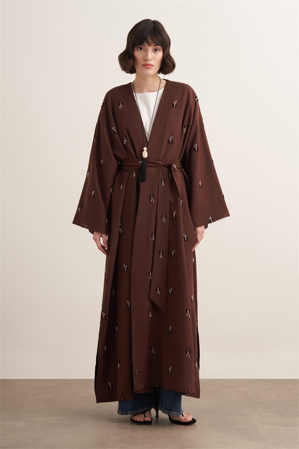 Qamrah Boncuk İşlemeli Uzun Kimono Acı Kahve