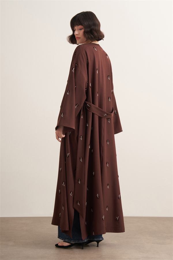Qamrah Boncuk İşlemeli Uzun Kimono Acı Kahve