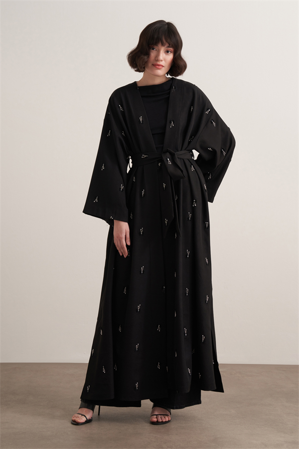 Qamrah Boncuk İşlemeli Uzun Kimono Siyah