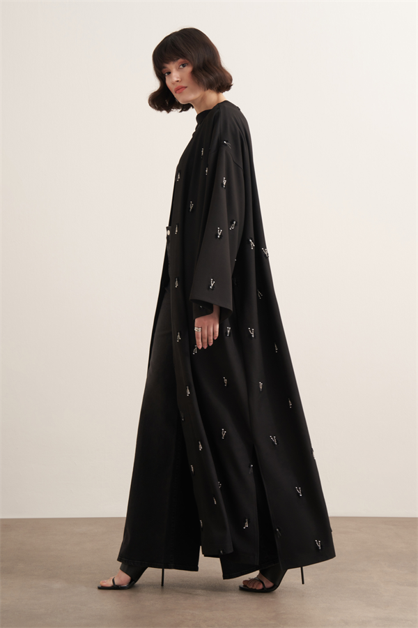 Qamrah Boncuk İşlemeli Uzun Kimono Siyah