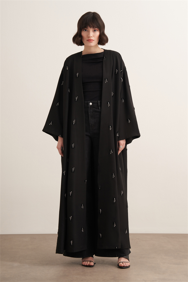 Qamrah Boncuk İşlemeli Uzun Kimono Siyah