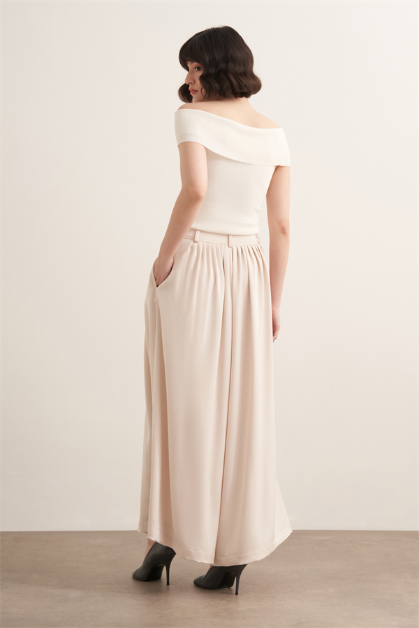 Rimas Pileli Geniş Paça Pantolon Krem