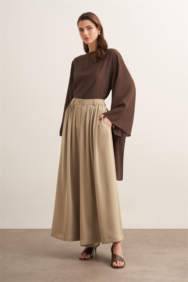 Rimas Pileli Geniş Paça Pantolon Latte