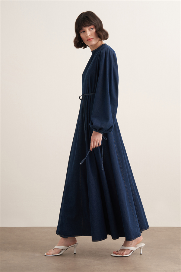 Roya Kup Dikişli Denim Elbise Lacivert