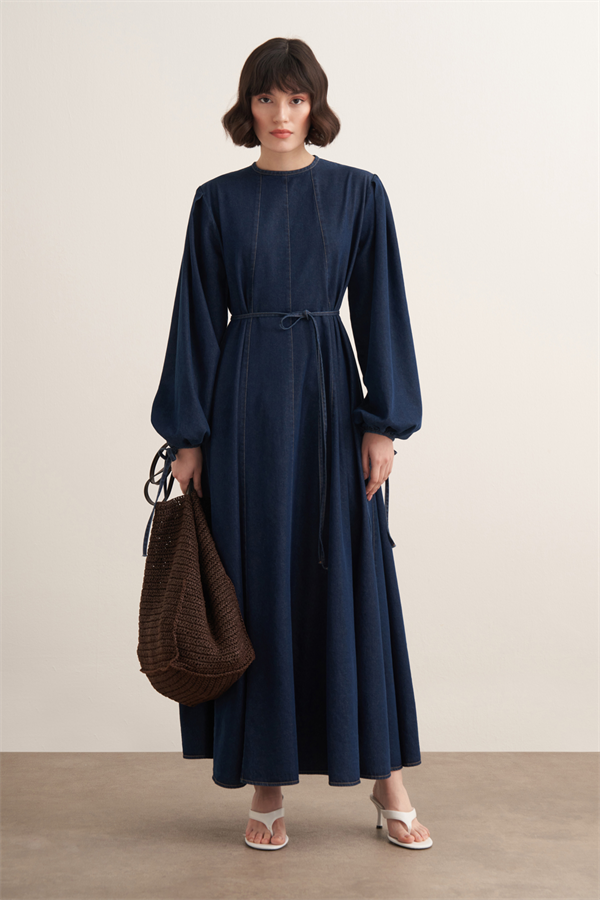 Roya Kup Dikişli Denim Elbise Lacivert