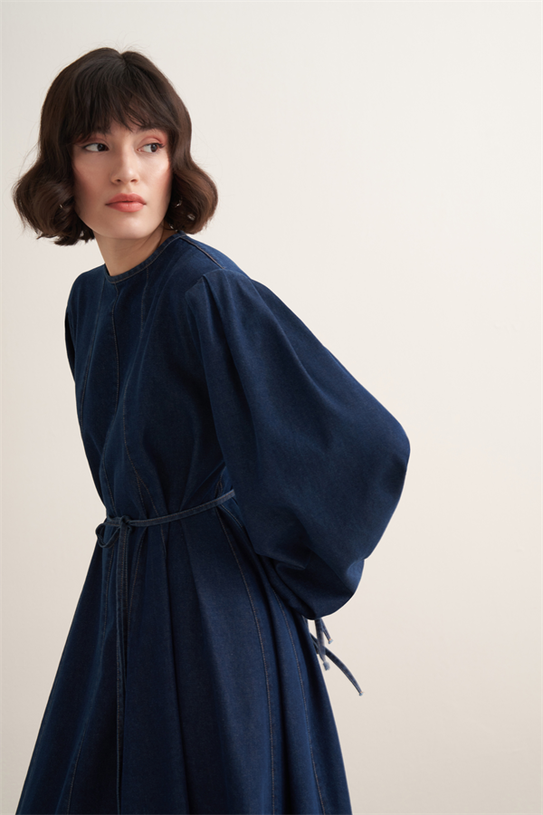 Roya Kup Dikişli Denim Elbise Lacivert