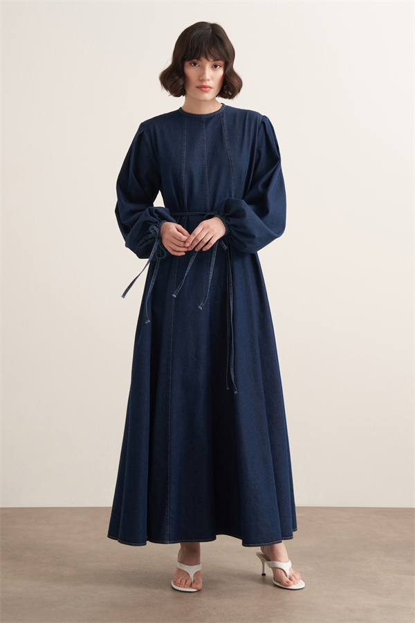 Roya Kup Dikişli Denim Elbise Lacivert