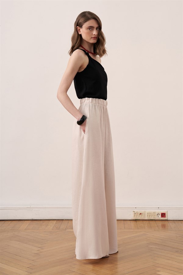 The Rua Elastic-Waist Linen Trousers Stone Color