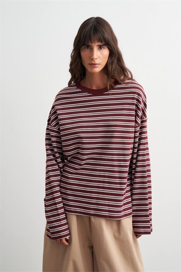 Ruby Çizgili Rahat Kesim Sweatshirt Bordo