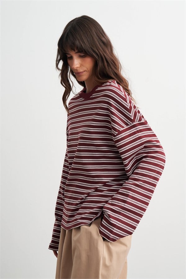 Ruby Çizgili Rahat Kesim Sweatshirt Bordo