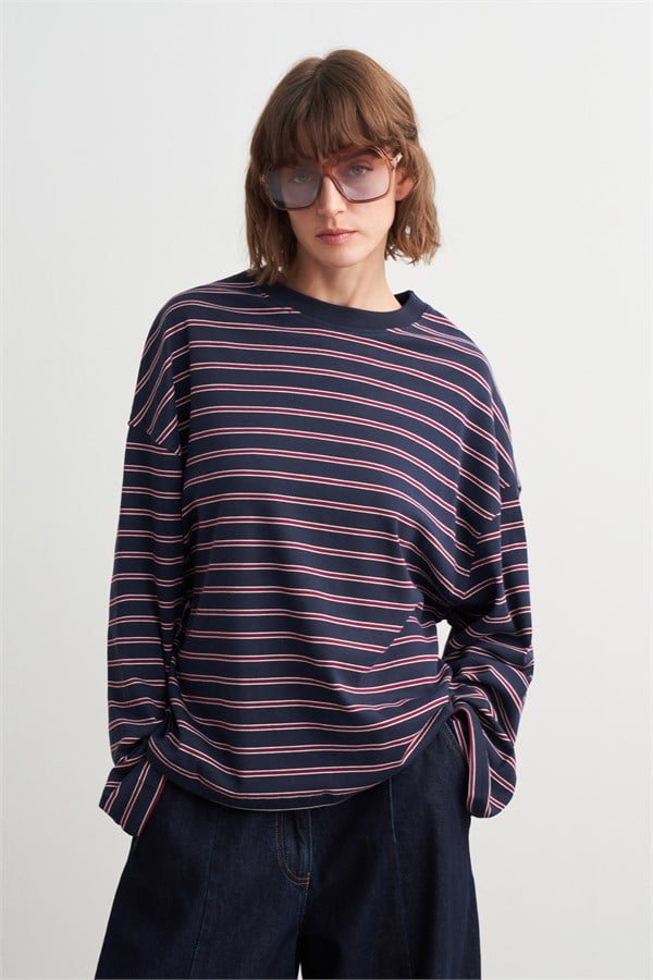 Ruby Çizgili Rahat Kesim Sweatshirt Lacivert