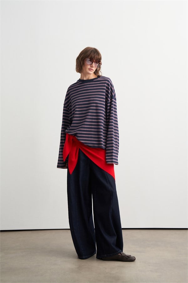Ruby Çizgili Rahat Kesim Sweatshirt Lacivert