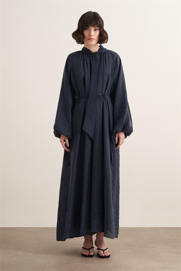 Samira Fular Yaka Dökümlü Elbise Lacivert