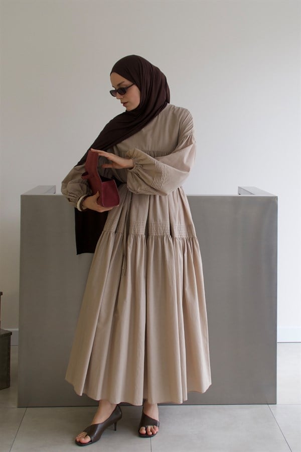 Soho Nervür Detaylı Vual Elbise Vizon