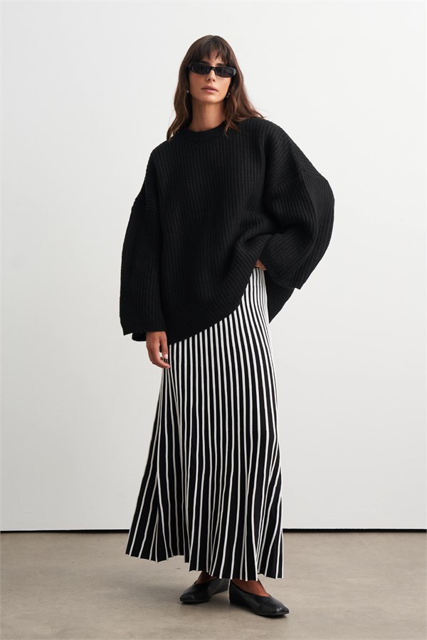 Striped Kloş Etek Siyah
