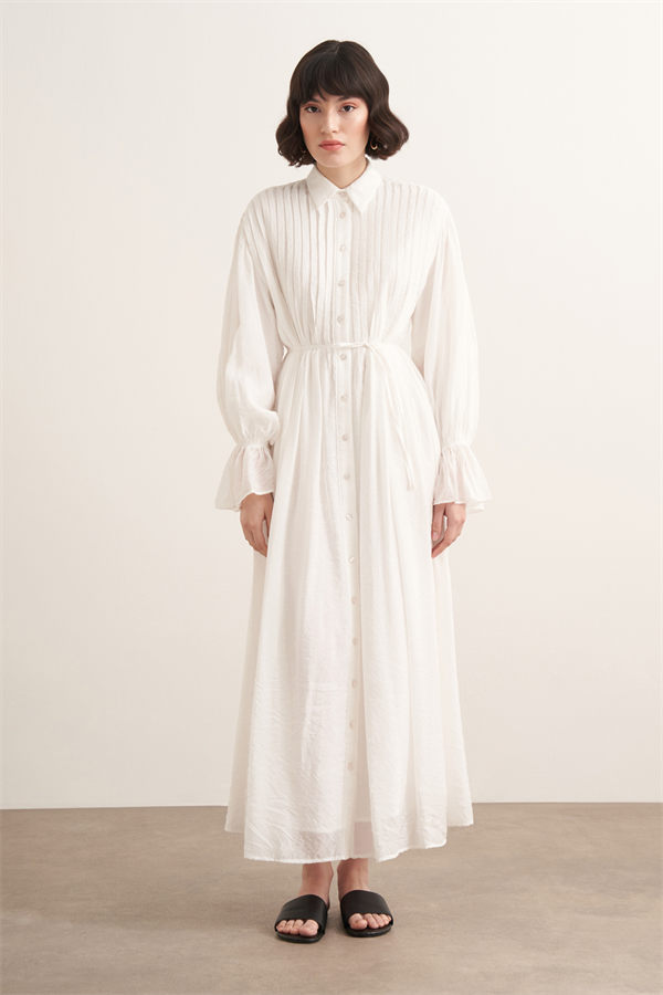 Talia Nervür Detaylı Elbise Beyaz