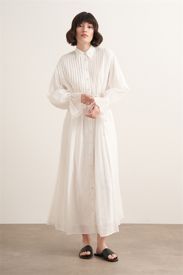 Talia Nervür Detaylı Elbise Beyaz