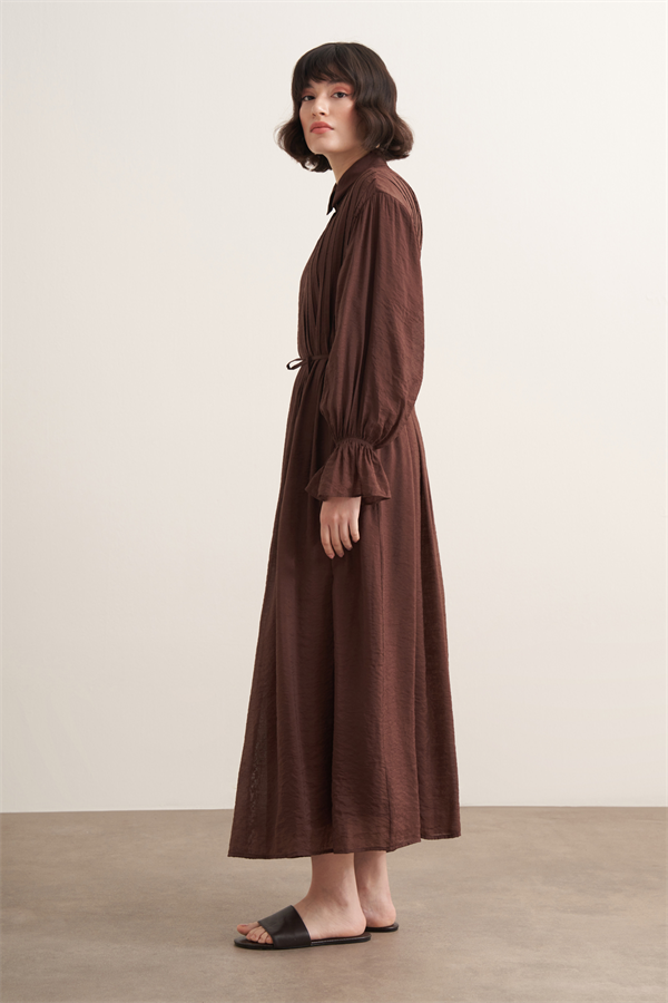 Talia Nervür Detaylı Elbise Kahve