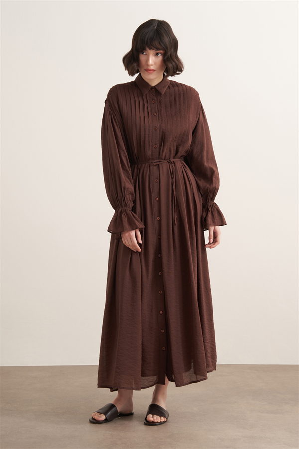 Talia Nervür Detaylı Elbise Kahve