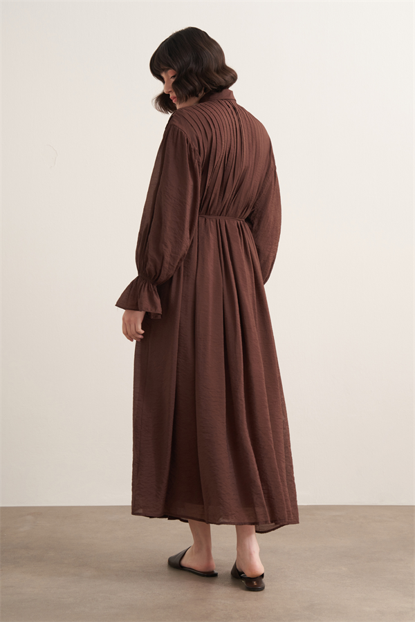 Talia Nervür Detaylı Elbise Kahve