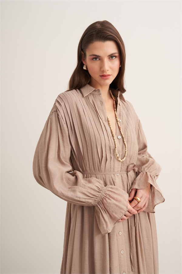 Talia Nervür Detaylı Elbise Vizon