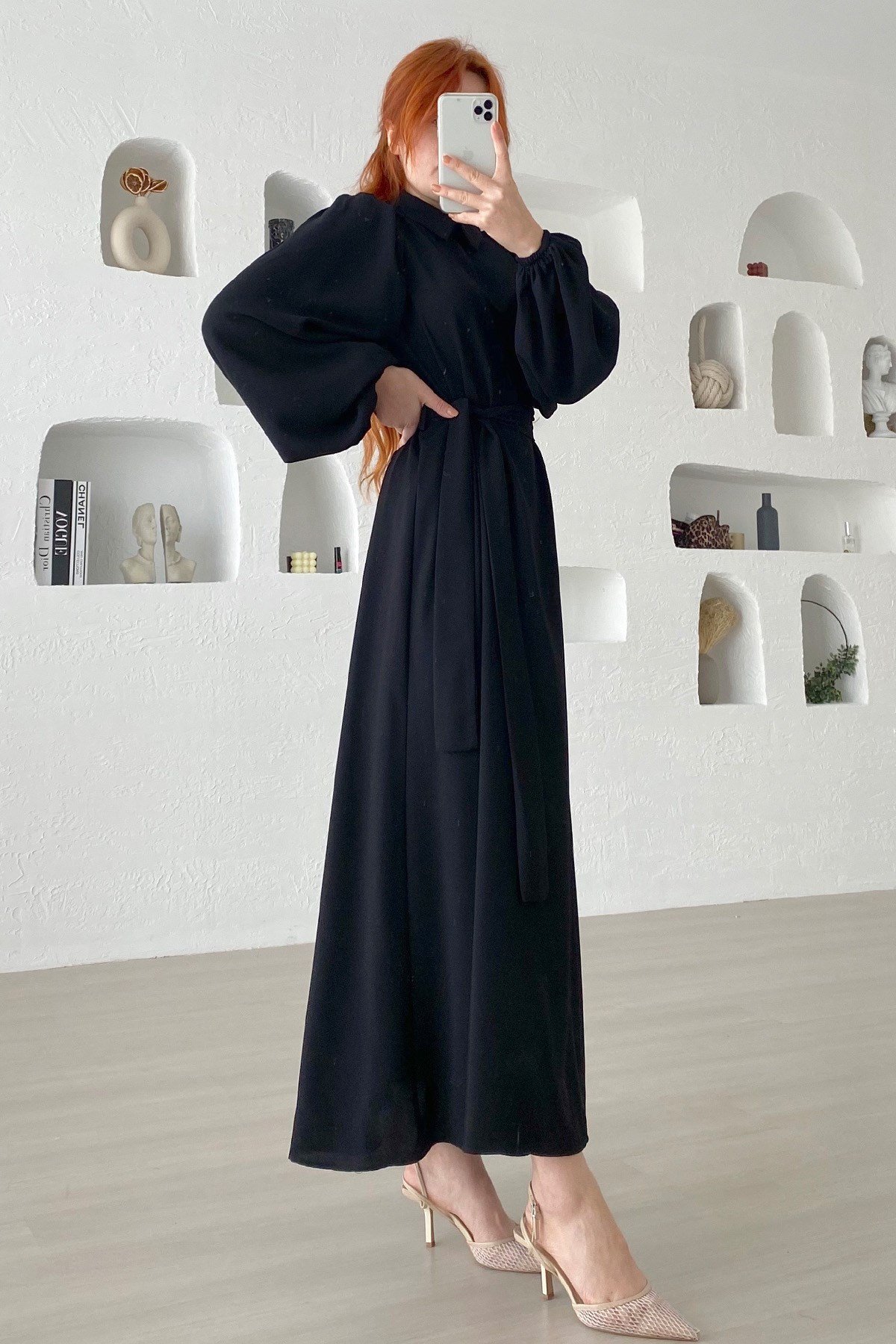 Gömlek Yaka Siyah İpek Krep Elbise | Elbise | MocaTrend