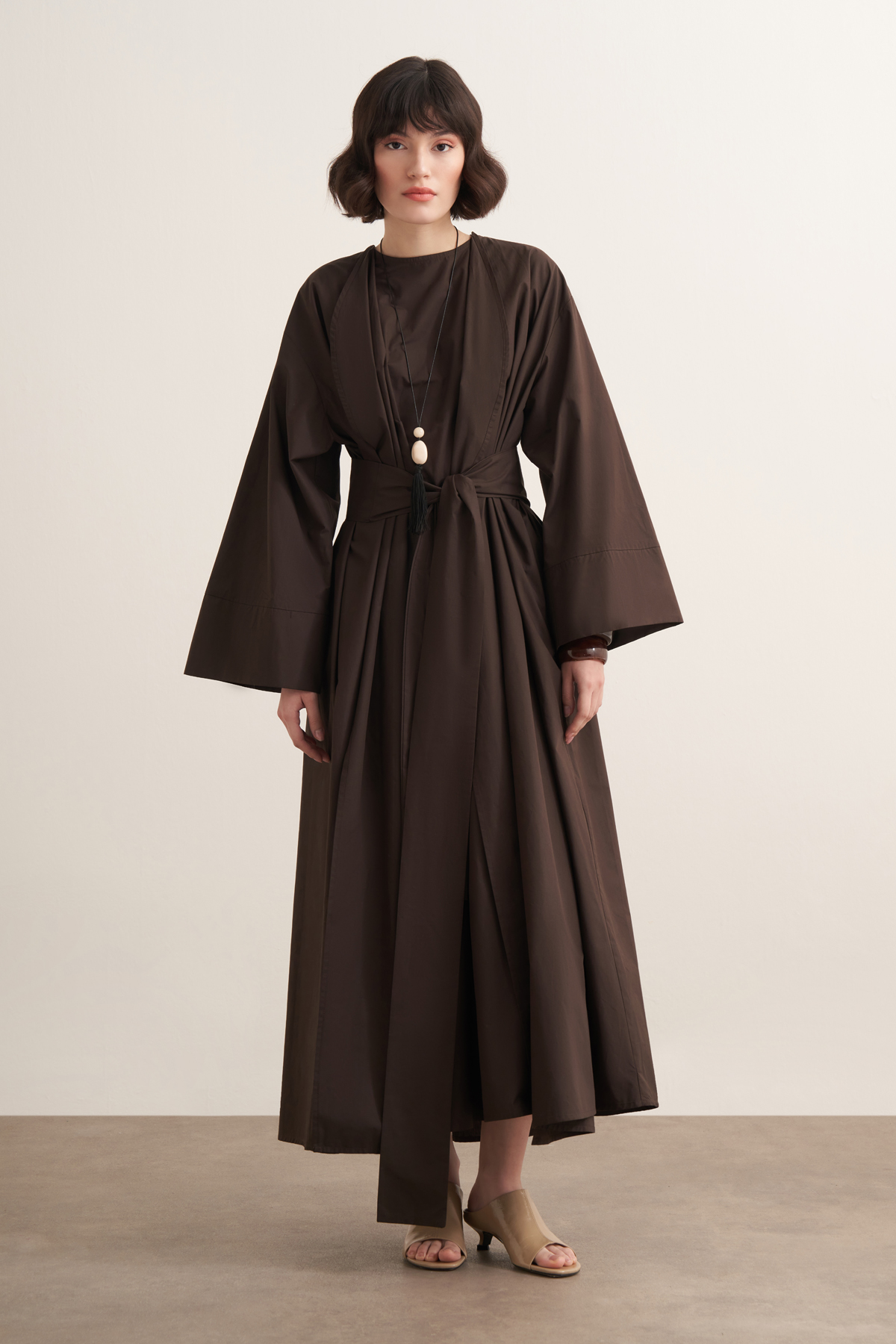 Inessa Premium Uzun Kimono Takımı - Acı Kahve | Moca Trend