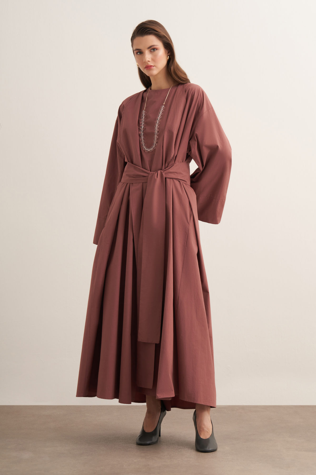 Inessa Premium Uzun Kimono Takımı - Kızıl Kahve | Moca Trend