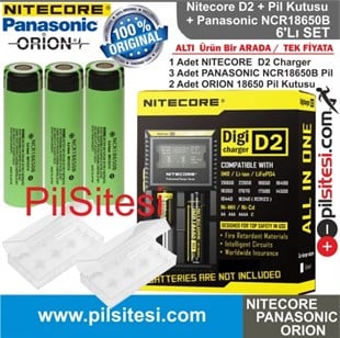 Nitecore D2 Şarj Aleti, Panasonic NCR18650B Pil, ORION 18650 Pil Kutusu /  6'Lı Set