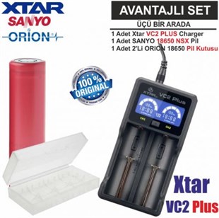 Xtar VC2 Plus Master Şarj Aleti, Sanyo UR18650BF Li-ion Pil, ORION 18650 Pil taşıma kutusu / 3'Lü SET