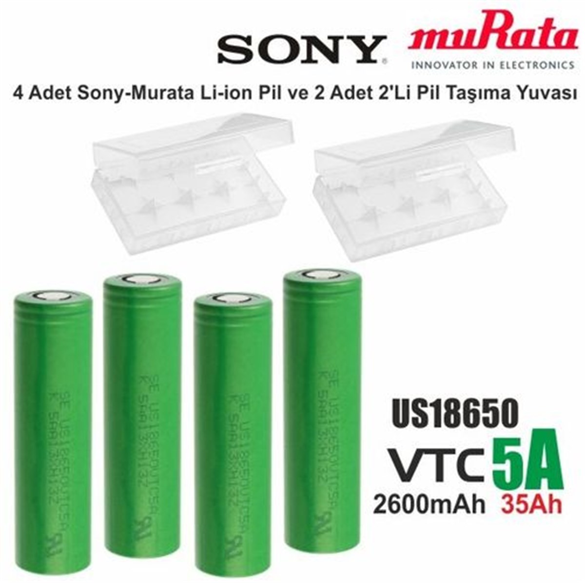 SONY VTC5A 18650 3.7V 2600mAh 35A Li-ion Şarjlı Pil + Pil Taşıma Kutusu  4'lü SET | PilSitesi.com