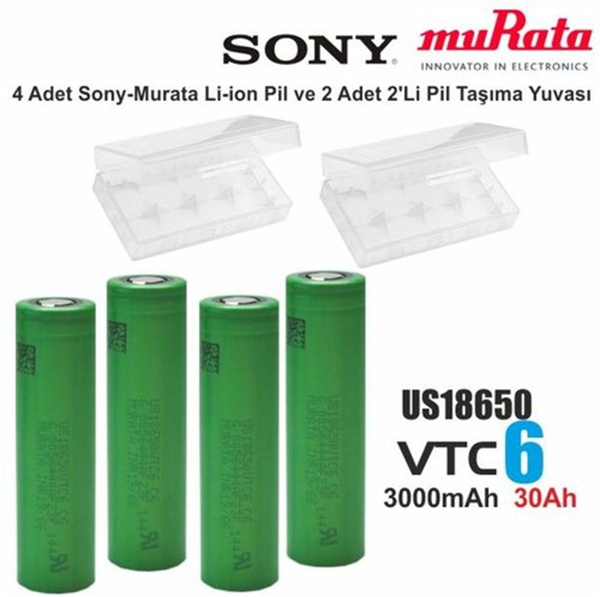 SONY VTC6 18650 3.7V 3000mAh 30A Li-ion Şarjlı Pil + Pil Taşıma Kutusu 4'lü  SET | PilSitesi.com