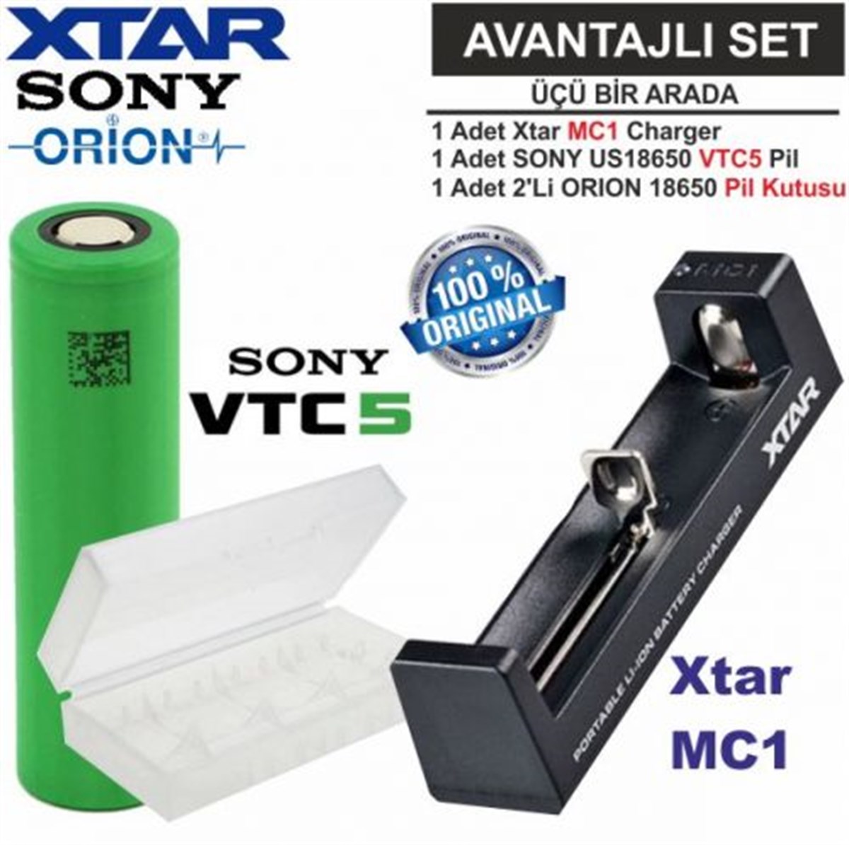Xtar MC1 Şarj Aleti, Sony VTC5 Li-ion Pil, ORION 18650 Pil taşıma kutusu  3'Lü SET | PilSitesi.com