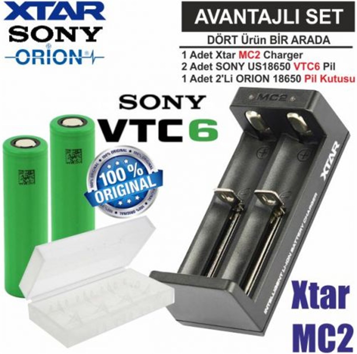 Xtar MC2 Pil Şarj Aleti, Sony VTC6 Li-ion Pil, ORION 18650 Pil taşıma  kutusu 4'Lü SET | PilSitesi.com