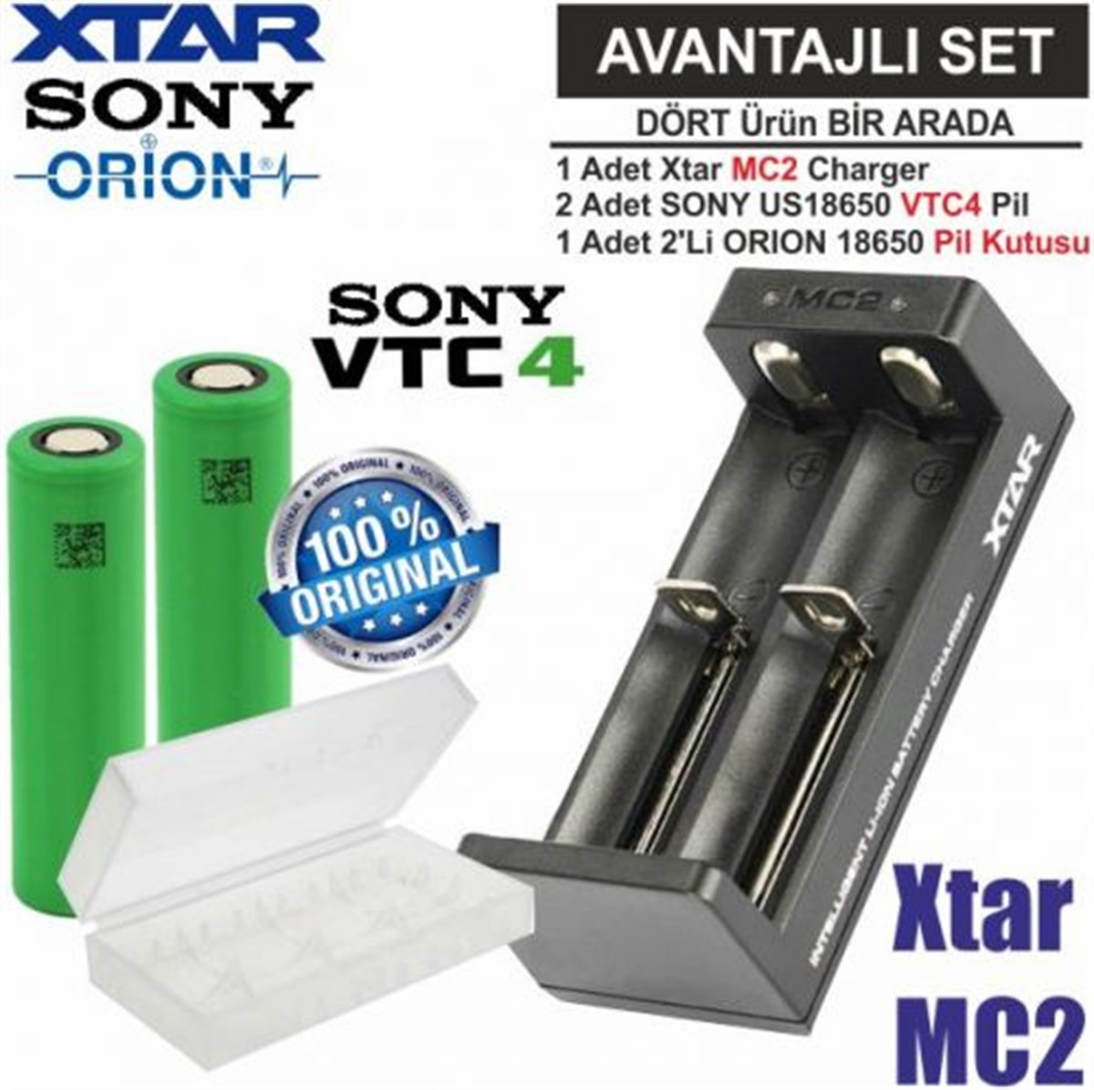 Xtar MC2 Şarj Aleti, Sony VTC4 Li-ion Pil, ORION 18650 Pil taşıma kutusu /  4'Lü SET | PilSitesi.com
