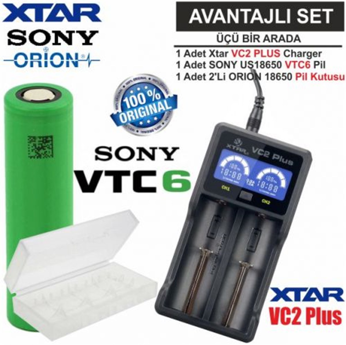 Xtar VC2 Plus Master Şarj Aleti,Sony VTC6 Li-ion Pil,ORION 18650 Pil taşıma  kutusu / 3'Lü SET | PilSitesi.com