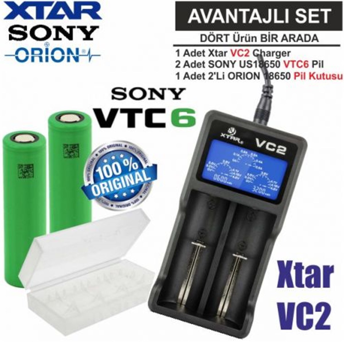 Xtar VC2 Şarj Aleti, Sony VTC6 Li-ion Pil, ORION 18650 Pil taşıma kutusu /  4'Lü SET | PilSitesi.com