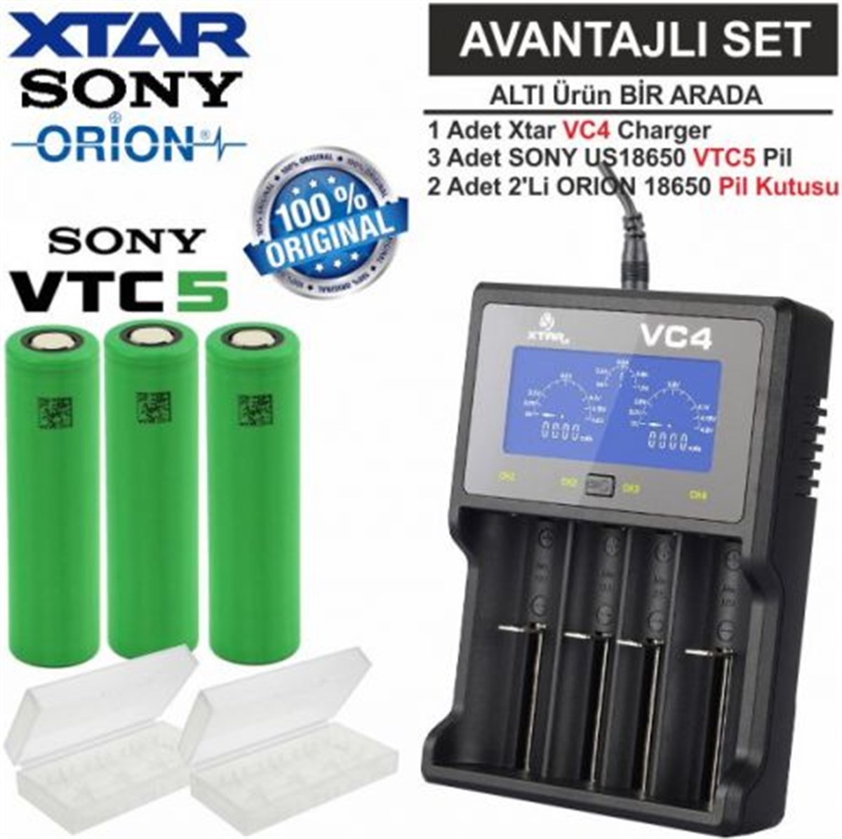 Xtar VC4 Şarj Aleti, Sony VTC5 Li-ion Pil, ORION 18650 Pil taşıma kutusu /  6'Lı SET | PilSitesi.com