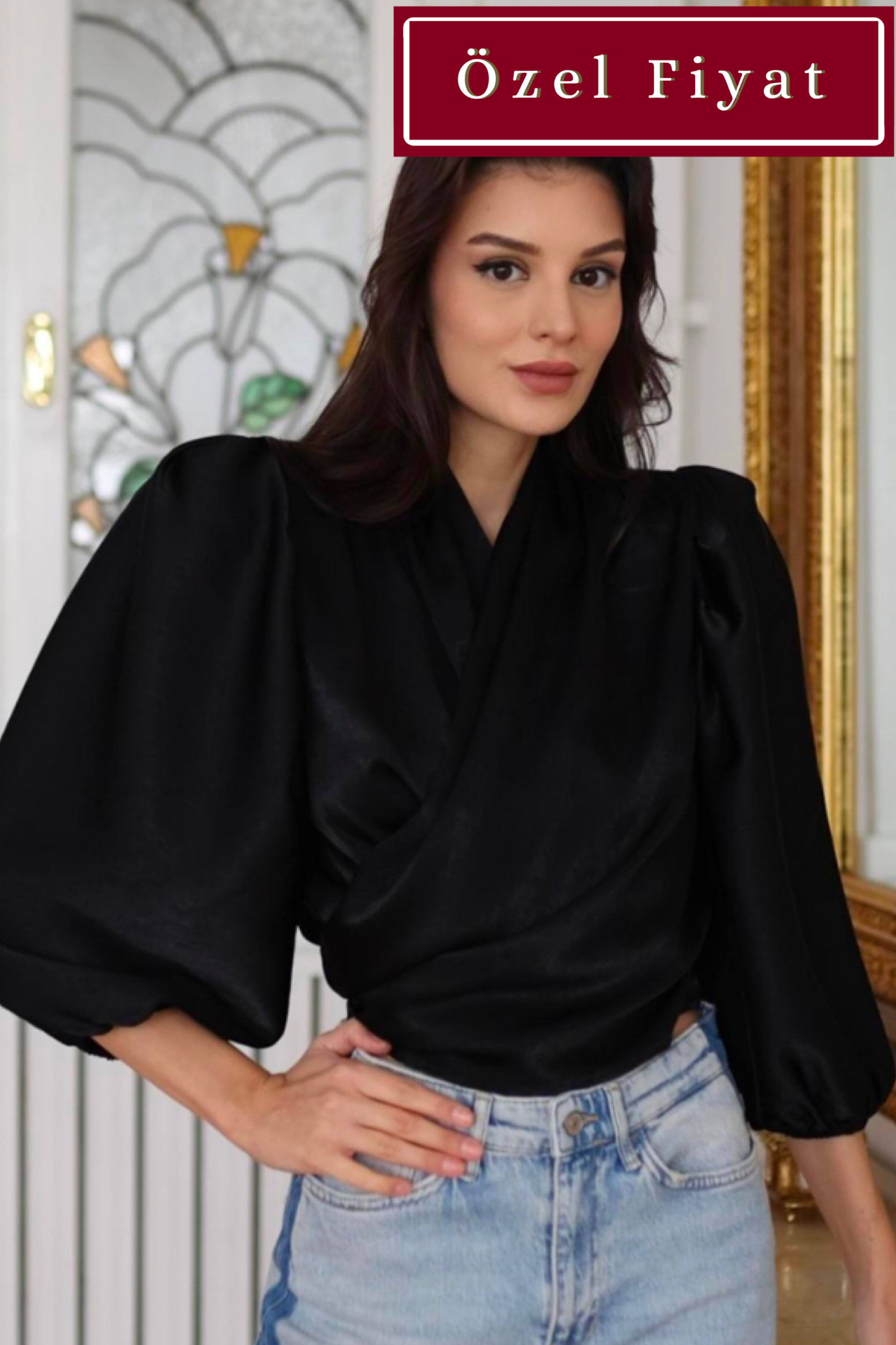 Reglan Vatkalı Siyah Saten Bluz