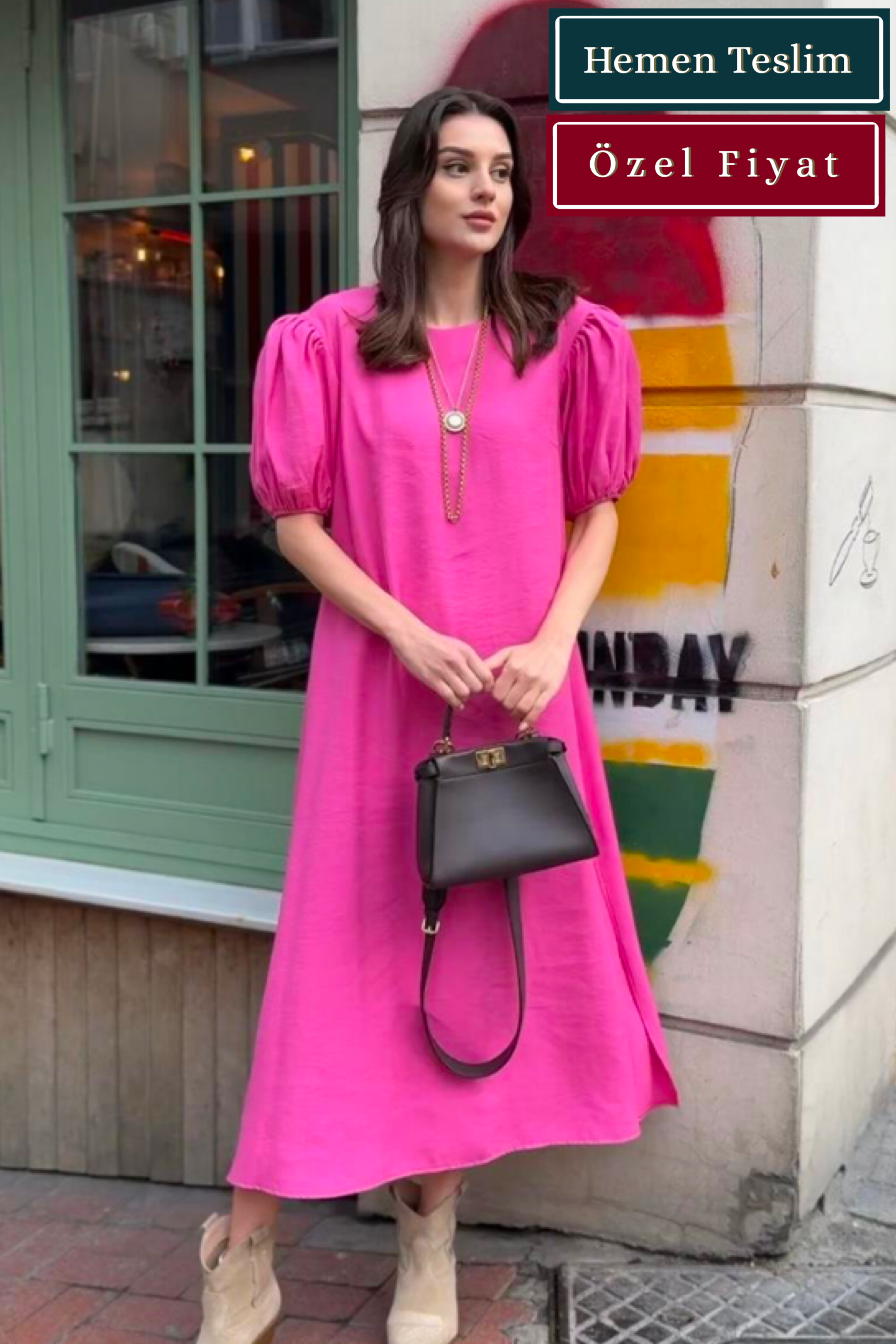 Balon Kol Pembe Elbise