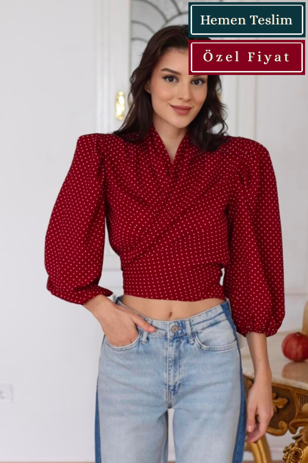Bordo Puanlı Reglan Vatkalı Bluz