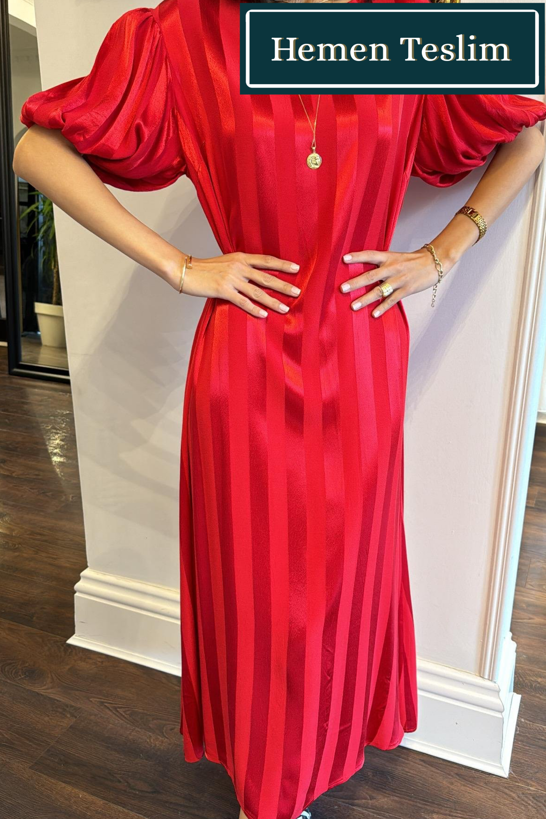 çizgili Balon Kol Elbise